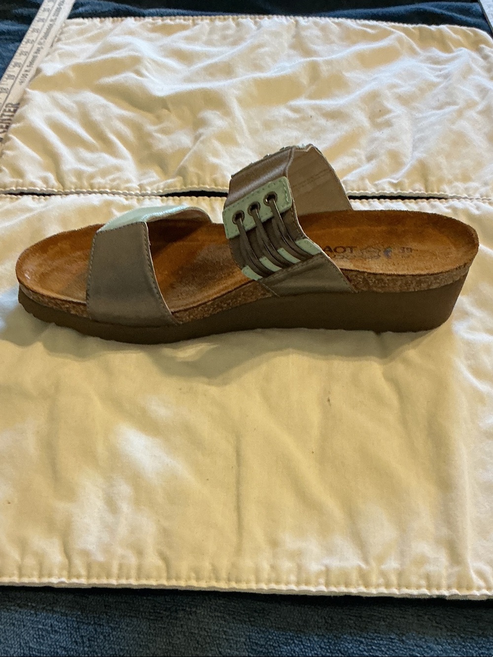 Naot Taupe Sandal with Mint Strap Accents